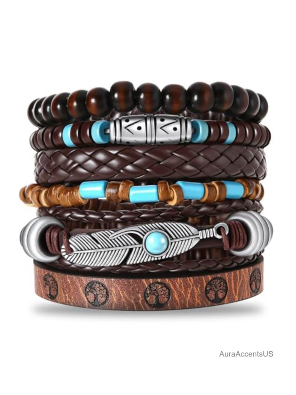 Faux Leather Turquoise Beaded Western Cuff Bracelet for Women Men Bohemian
